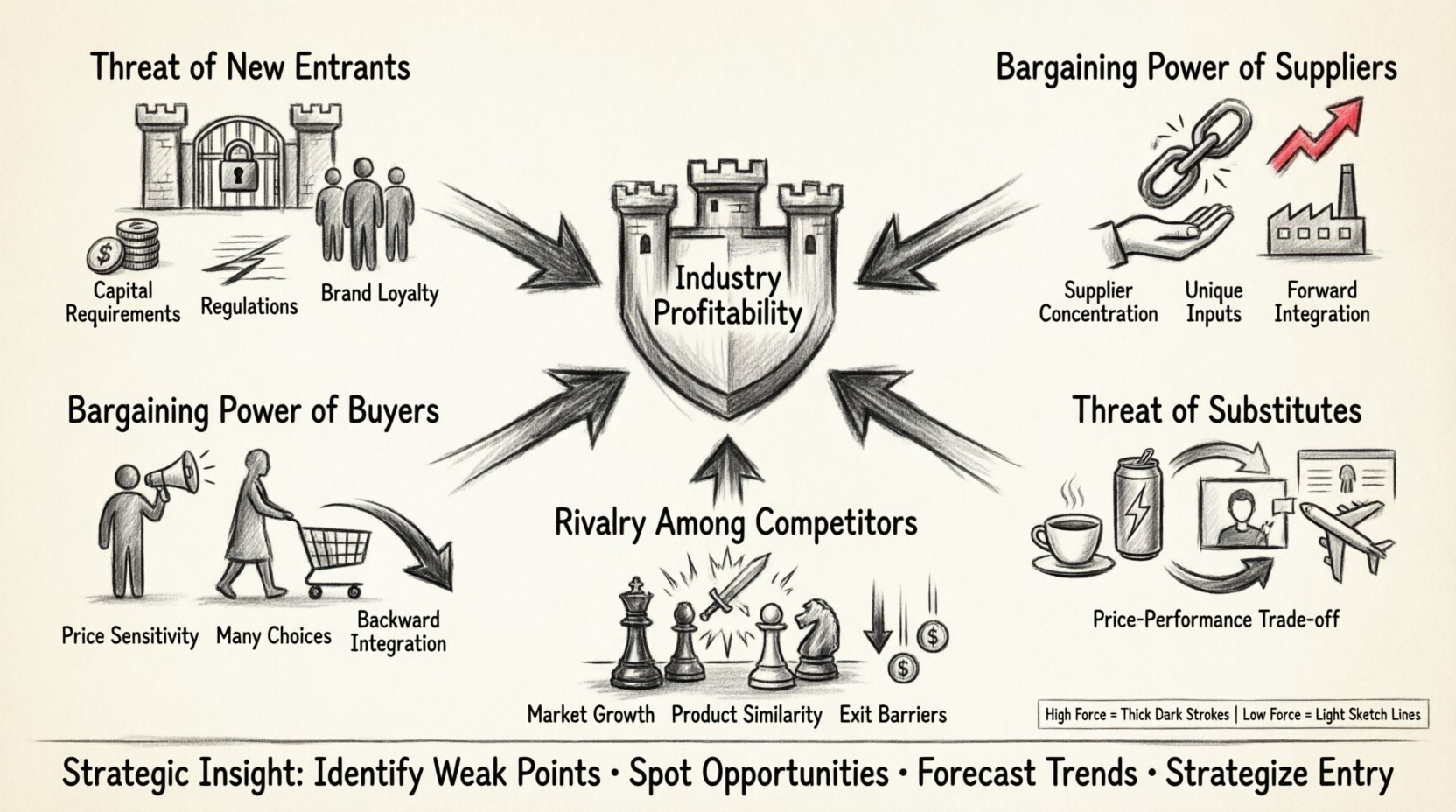 Charcoal sketch infographic of Porter's Five Forces Analysis showing five competitive pressures on industry profitability: Threat of New Entrants with barrier icons, Bargaining Power of Suppliers with supply chain imagery, Bargaining Power of Buyers with customer figures, Threat of Substitute Products with interchangeable product symbols, and Rivalry Among Competitors with dynamic competition visuals; includes strategic annotations for barriers to entry, switching costs, price sensitivity, and market dynamics in monochrome contour style