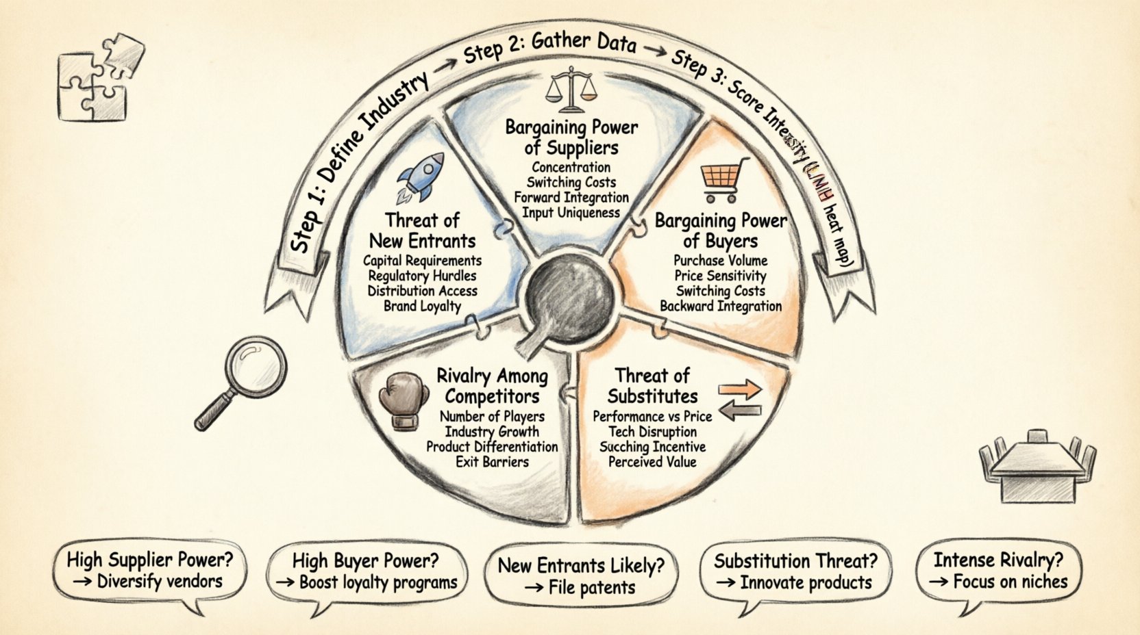 Hand-drawn infographic illustrating Porter's Five Forces Analysis framework for board meetings: central diagram showing Threat of New Entrants (rocket icon), Bargaining Power of Suppliers (scale icon), Bargaining Power of Buyers (shopping cart icon), Threat of Substitute Products (swap arrows icon), and Rivalry Among Existing Competitors (boxing gloves icon), each with key indicators like capital requirements, concentration, switching costs, and industry growth; includes 3-step practical exercise workflow (Define Industry โ Gather Data โ Score Intensity L/M/H), strategic implication callouts for decision-making, heat map intensity indicators, and decorative elements like puzzle pieces and magnifying glass; thick outline stroke aesthetic on parchment background, optimized for strategic planning presentations