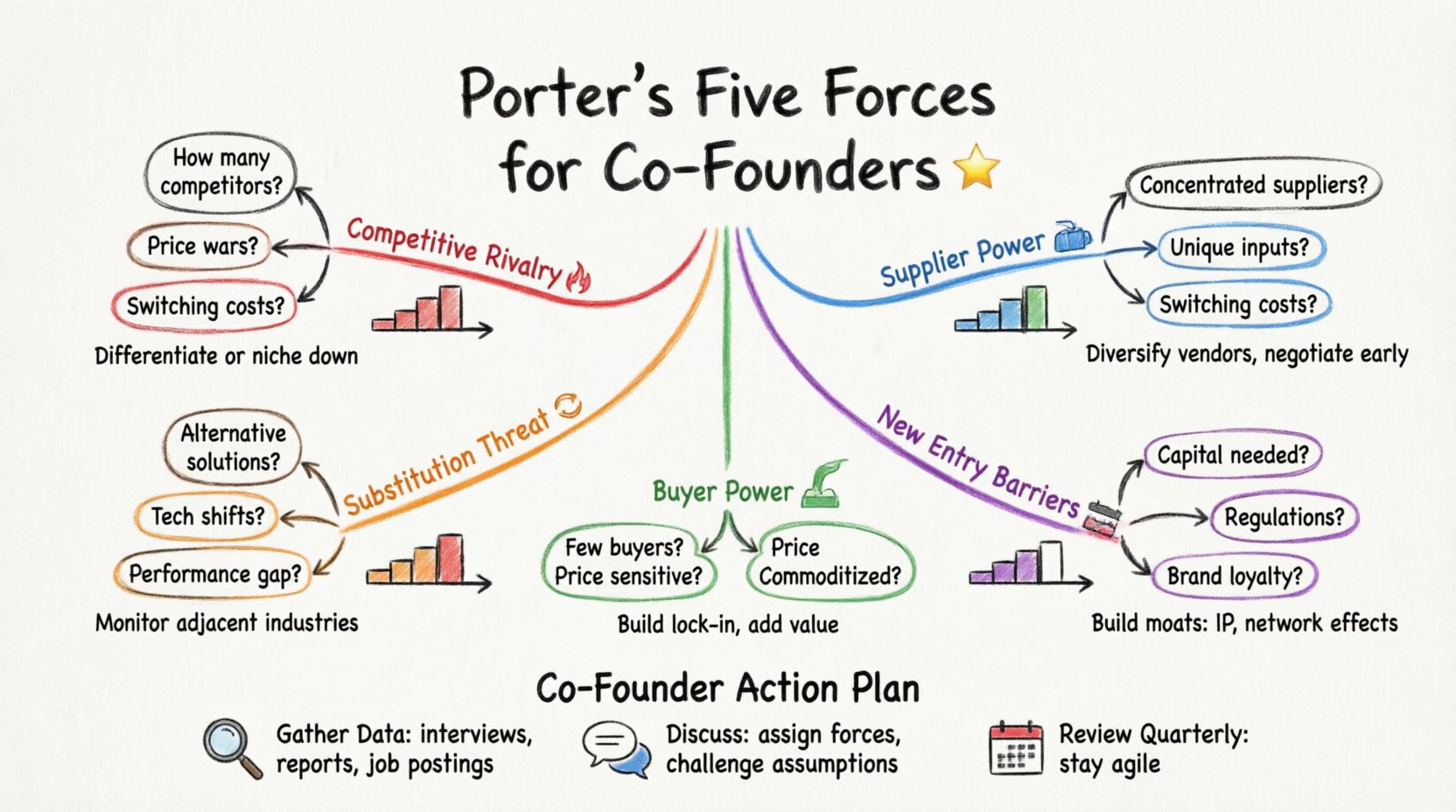 Hand-drawn whiteboard infographic illustrating Porter's Five Forces Analysis for startup co-founders, featuring five color-coded branches for Competitive Rivalry, Supplier Power, Buyer Power, Substitution Threat, and New Entry Barriers, each with key strategic questions and actionable tips, plus a co-founder action plan section for data gathering, team discussion, and quarterly reviews