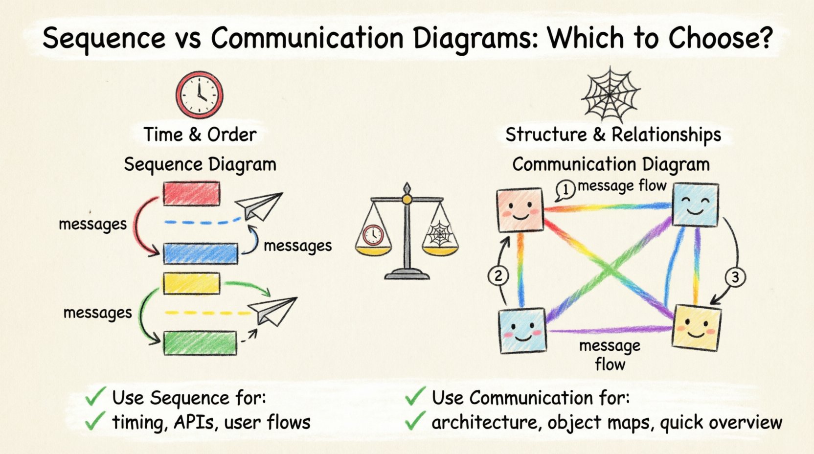 Hand-drawn child-style infographic comparing UML Sequence Diagrams (vertical timeline with lifelines, message arrows, and activation bars for time-based flows) versus Communication Diagrams (spatial network of objects with numbered messages for structural relationships), with simple icons and labels showing when to use each diagram type for system design documentation