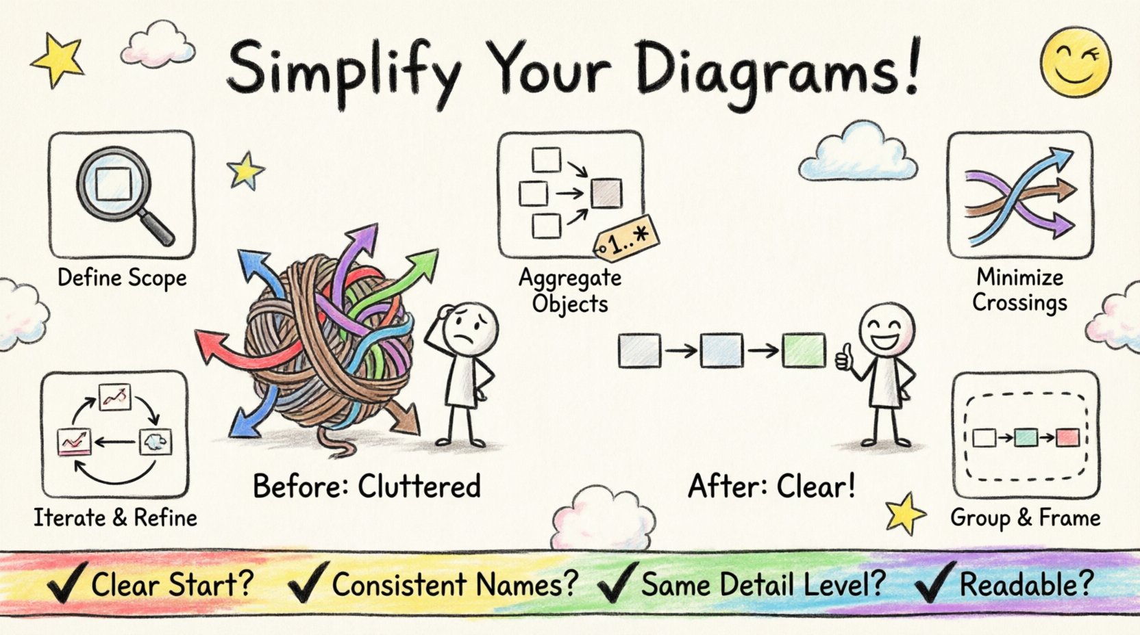 Avoiding Clutter: Strategies for Simplifying Dense Communication Diagrams