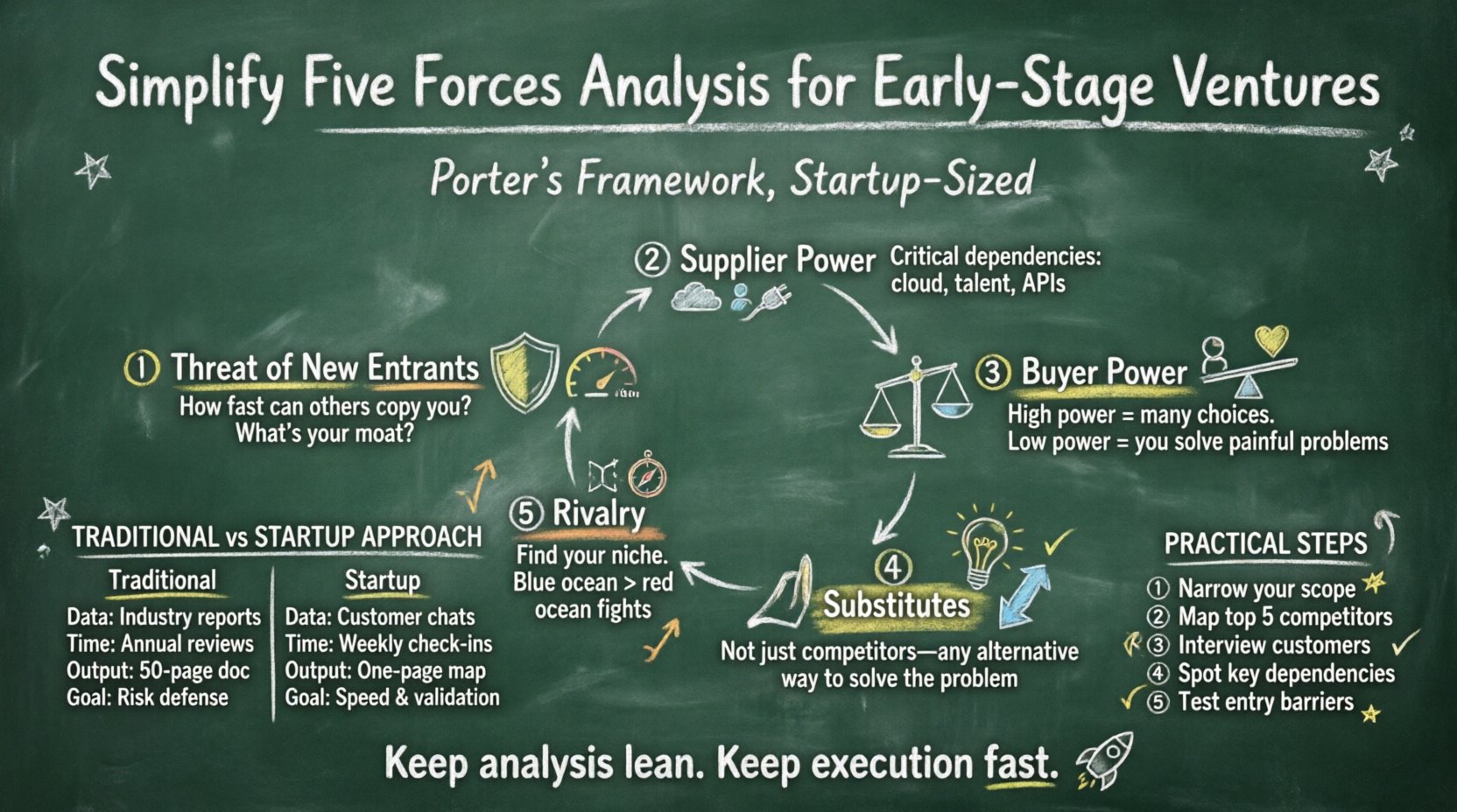 Chalkboard-style infographic simplifying Porter's Five Forces analysis for early-stage startups, featuring five competitive forces with startup-focused questions, traditional vs simplified approach comparison table, five practical implementation steps, and key takeaways in easy-to-read handwritten teacher style on dark green chalkboard background