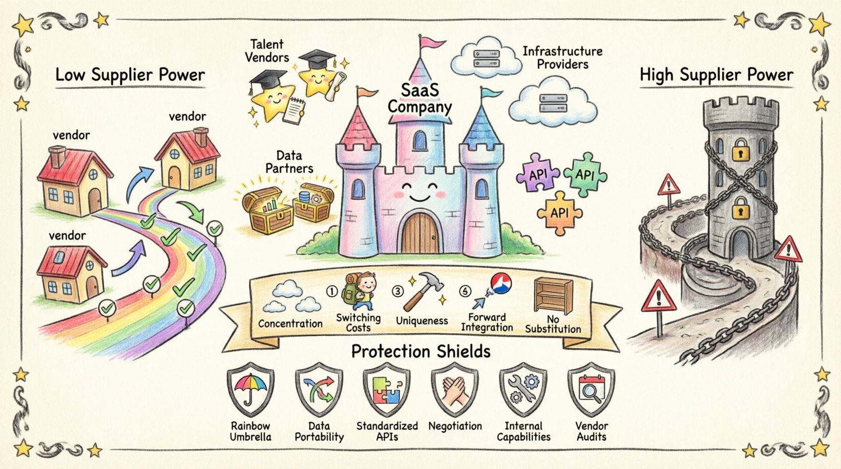 Playful child-style drawing infographic explaining supplier power in the SaaS industry, featuring a friendly castle representing a SaaS company surrounded by cloud infrastructure characters, puzzle-piece API connectors, and data treasure chests; compares low supplier power (many small vendors, easy switching) versus high supplier power (single dominant vendor, lock-in symbols); illustrates five key drivers of supplier power and six mitigation strategies like diversification, data portability, and standardized APIs, all rendered in bright crayon colors with hand-drawn whimsical aesthetic