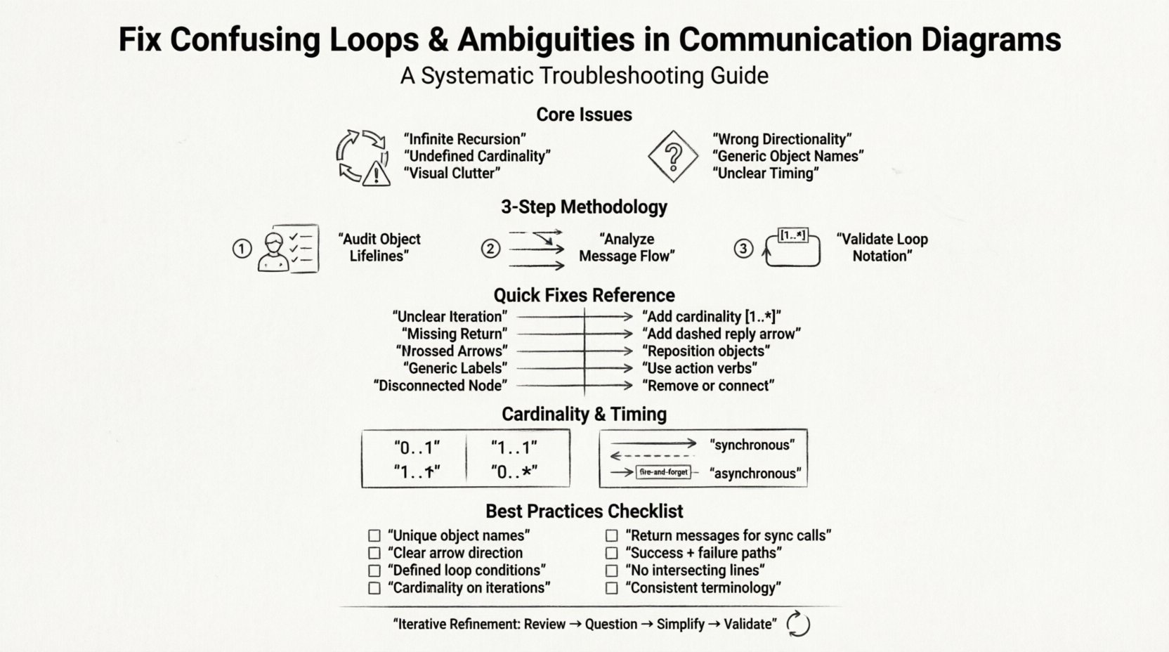 Line art infographic: Troubleshooting Communication Diagrams - visual guide to fixing confusing loops and ambiguities, featuring core issues (infinite recursion, undefined cardinality, directionality errors), 3-step methodology (audit lifelines, analyze message flow, validate loops), quick-fix reference table, cardinality notations (0..1, 1..1, 1..*, 0..*), synchronous vs asynchronous timing, best practices checklist, and iterative refinement workflow for clear system interaction diagrams