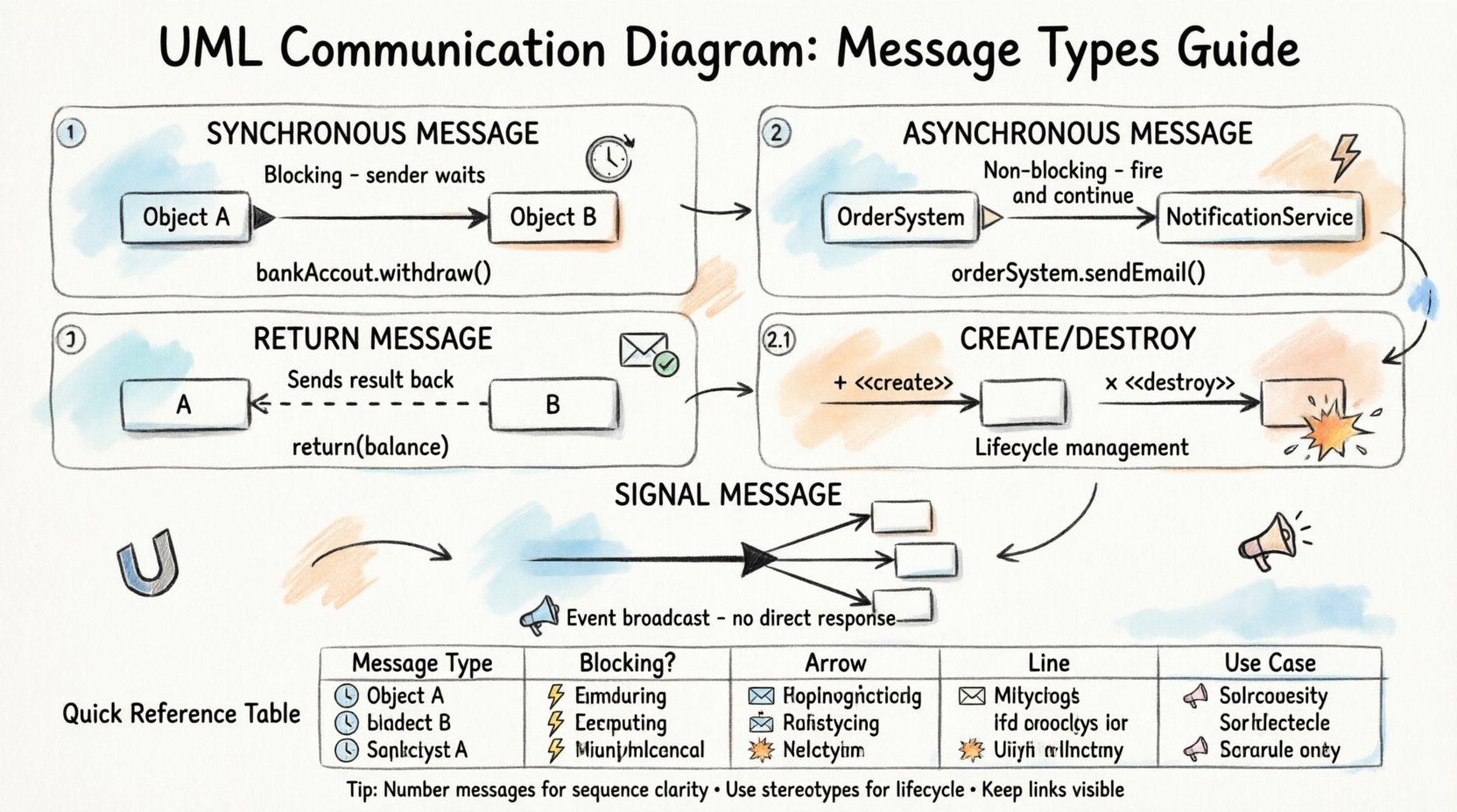 Hand-drawn infographic guide to UML Communication Diagram message types showing five core categories: synchronous messages (solid line with filled arrowhead, blocking behavior), asynchronous messages (solid line with open arrowhead, non-blocking), return messages (dashed line with open arrowhead for data return), create/destroy messages with stereotypes for object lifecycle management, and signal messages for event broadcasting. Includes visual notation key for arrowheads and line styles, quick-reference comparison table with blocking status and use cases, practical examples like bankAccount.withdraw() and orderSystem.sendEmail(), plus best practice tips for numbering sequences and maintaining clear object links. Educational resource for software architects and developers modeling object interactions in system design.