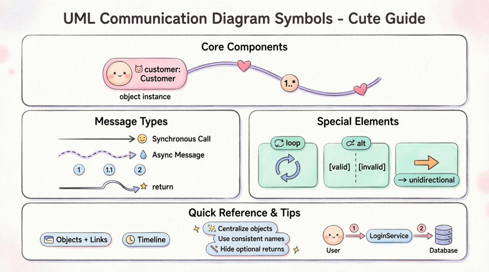 Kawaii cute vector infographic explaining UML communication diagram symbols: object instances as labeled rectangles, links as connecting lines, synchronous and asynchronous message arrows with sequence numbers, multiplicity indicators like 1..*, interaction frames for loops and conditions, plus best practice tips - all in pastel colors with rounded shapes for intuitive learning of object-oriented system interactions