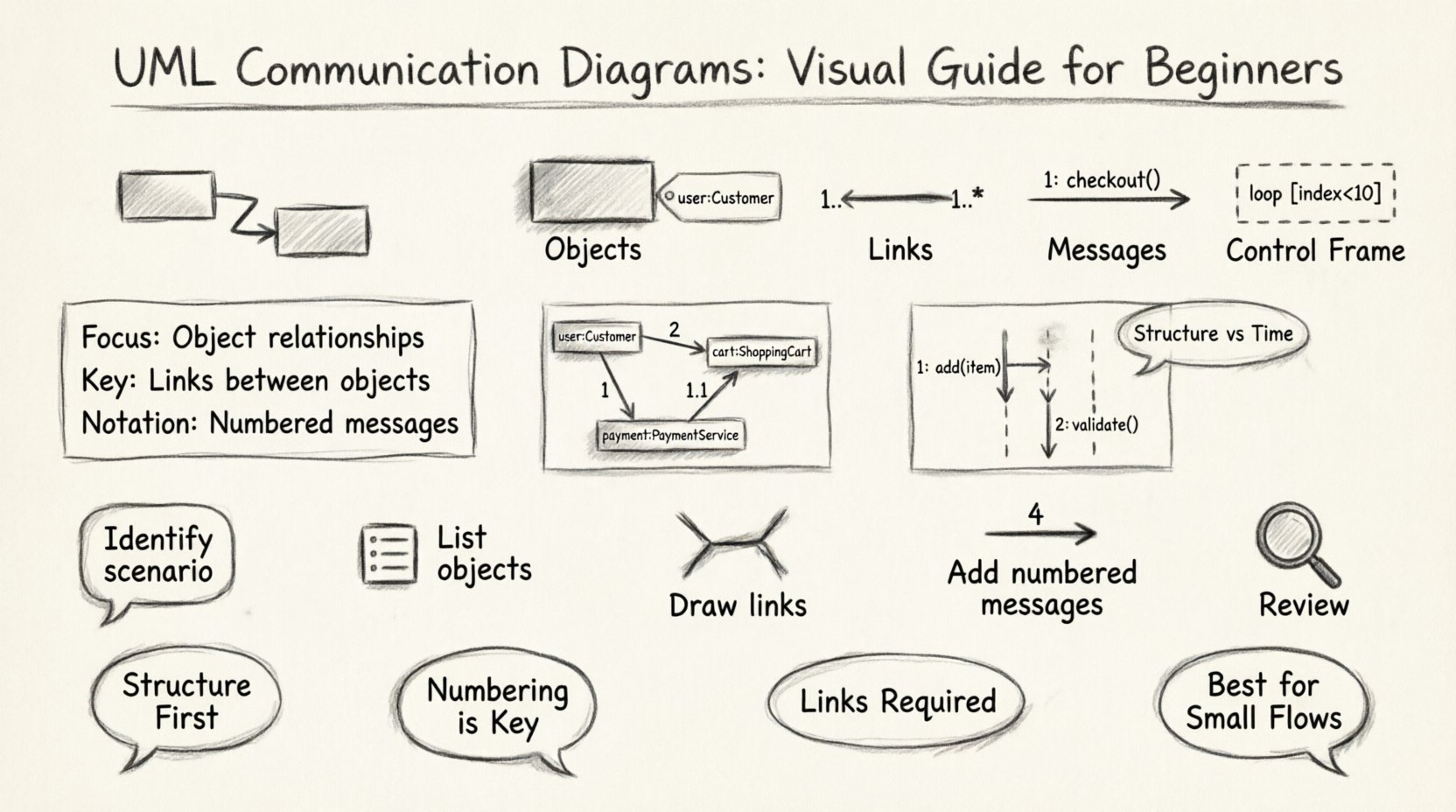 Charcoal sketch infographic explaining UML Communication Diagrams for beginners, featuring object relationships with numbered messages, side-by-side comparison with Sequence Diagrams, core components (objects, links, messages, control frames), message numbering examples (1, 1.1, 1.1.1), quick 5-step creation workflow, and key takeaways in hand-drawn contour style with educational visual hierarchy