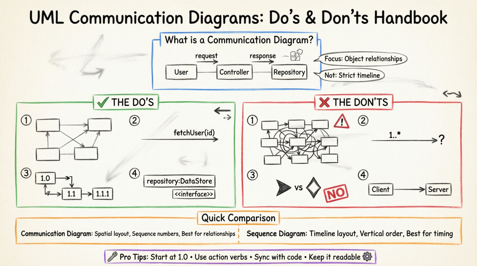 Hand-drawn whiteboard infographic: UML Communication Diagrams Do's and Don'ts Handbook. Visual guide showing core elements (objects, links, messages, sequence numbers), best practices for readable layouts and precise labeling, common pitfalls to avoid like overcrowding and mixed notation, quick comparison with Sequence Diagrams, and pro tips for maintenance. Color-coded sections with green checkmarks for recommended practices, red X marks for errors to avoid, blue for structural concepts, and orange for comparisons. Ideal for software architects, developers, and technical documentation teams learning UML interaction modeling.