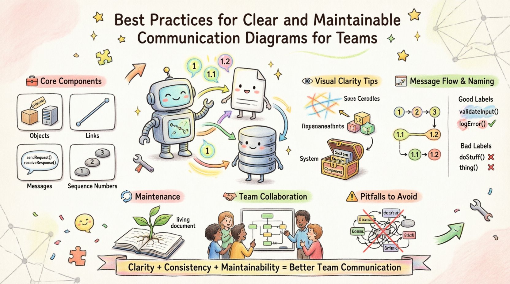 Whimsical infographic illustrating best practices for creating clear and maintainable UML communication diagrams for software teams, covering core components like objects and messages, visual design principles for clarity, message sequencing conventions, naming standards, maintenance strategies for living documentation, and team collaboration workflows with review checklists
