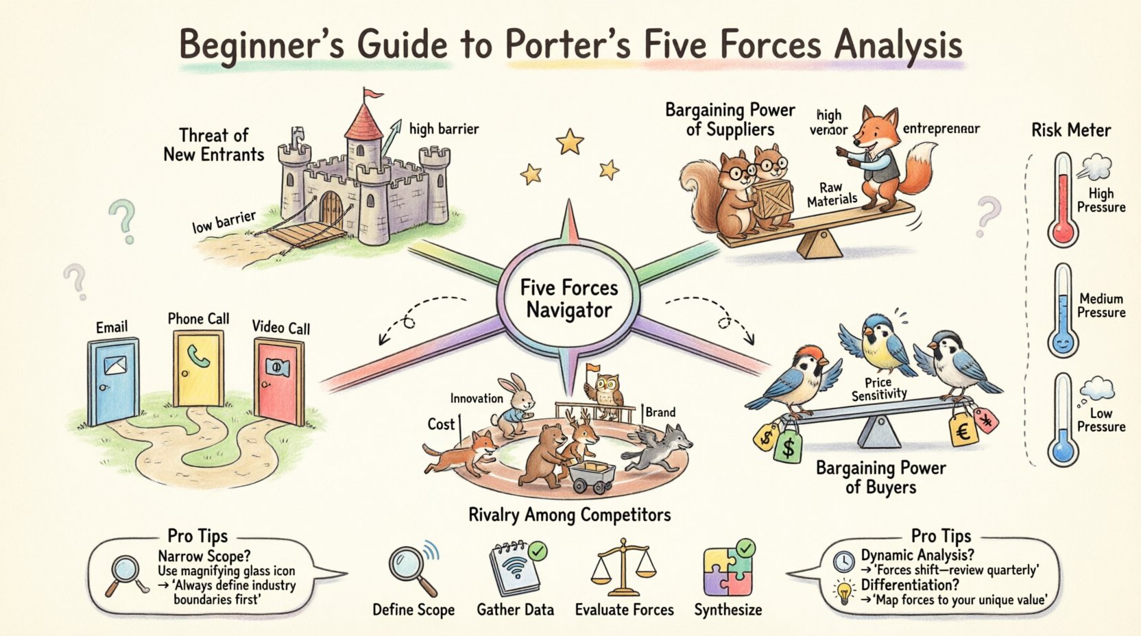 Whimsical illustrated infographic explaining Porter's Five Forces Analysis for beginners: features five playful sections showing Threat of New Entrants (castle gate), Supplier Power (squirrel vendors on seesaw), Buyer Power (customer birds with scales), Substitute Threat (multiple solution doors), and Competitive Rivalry (animal entrepreneurs on race track), plus step-by-step application guide, risk meter indicators, and pro tips in soft pastel hand-drawn style