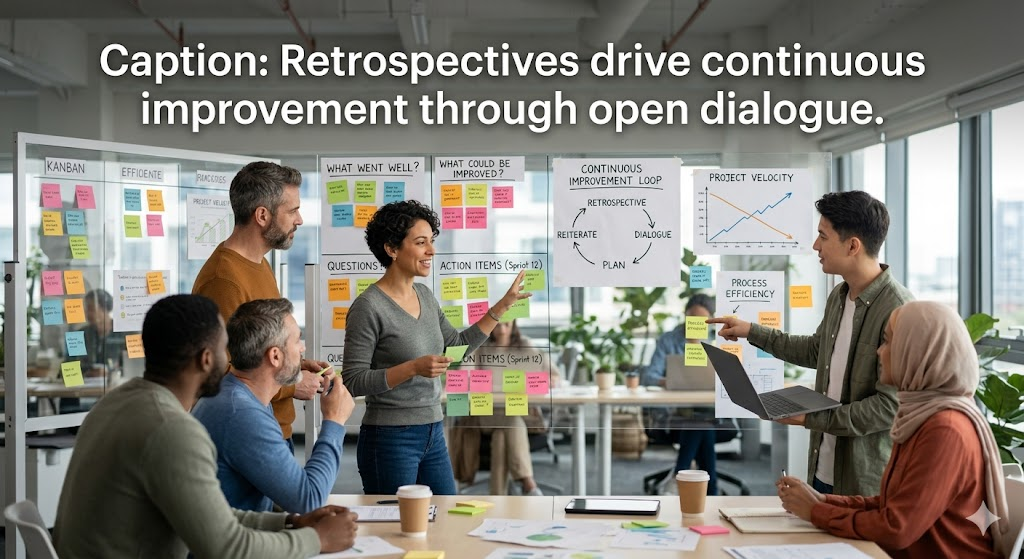 Retrospectives drive continuous improvement through open dialogue.