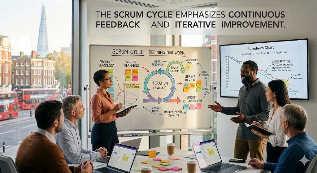 The Scrum cycle emphasizes continuous feedback and iterative improvement.