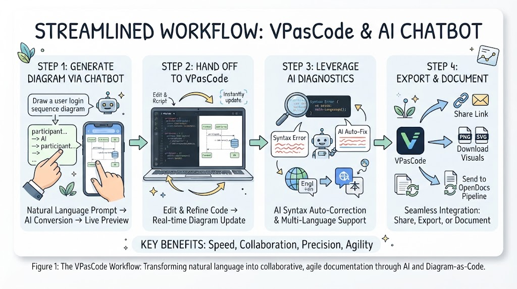 The VPasCode Workflow: Transforming natural language into collaborative, agile documentation through AI and Diagram-as-Code.