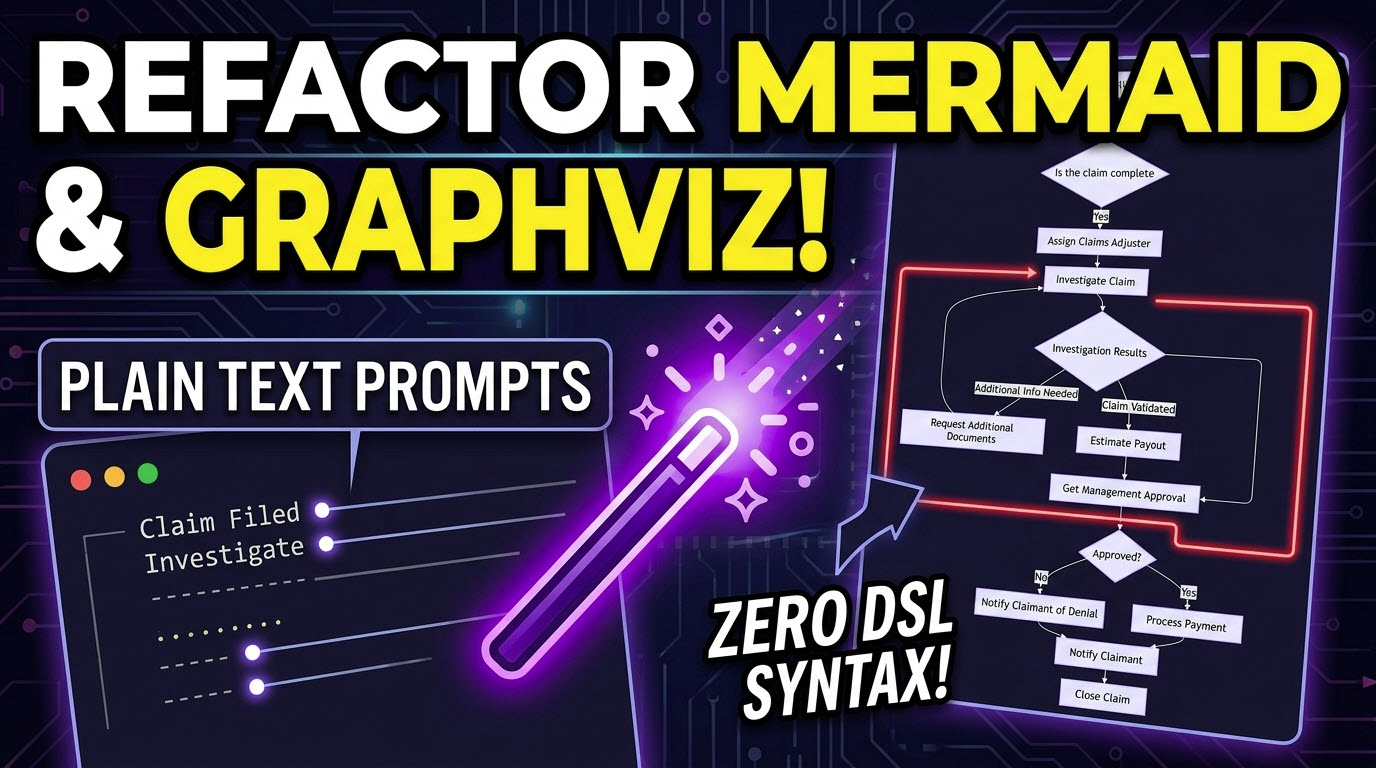 A YouTube-style thumbnail with bold yellow and white text reading 'REFACTOR MERMAID & GRAPHVIZ!' and 'ZERO DSL SYNTAX!'. It visually demonstrates a user applying plain text AI prompts to easily modify and streamline a complex insurance claim process flowchart without manual coding.